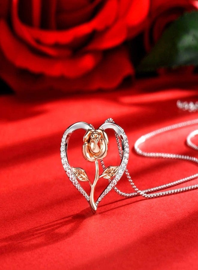 Klurent Rose Necklace for Women, Christmas Necklace with Gift Box, Rose Gold Flower Silver Heart Pendant Unique Necklaces Gift for Wife, Mom, Girlfriend on Christmas, Birthday, Anniversary - Image 4